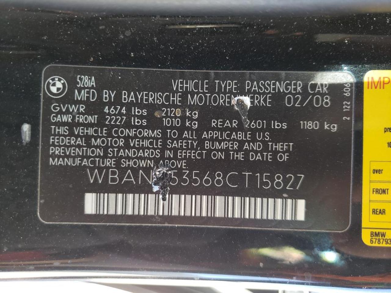 Photo 10 from auction – 2008 BMW 528 I with VIN WBANU53568CT15827