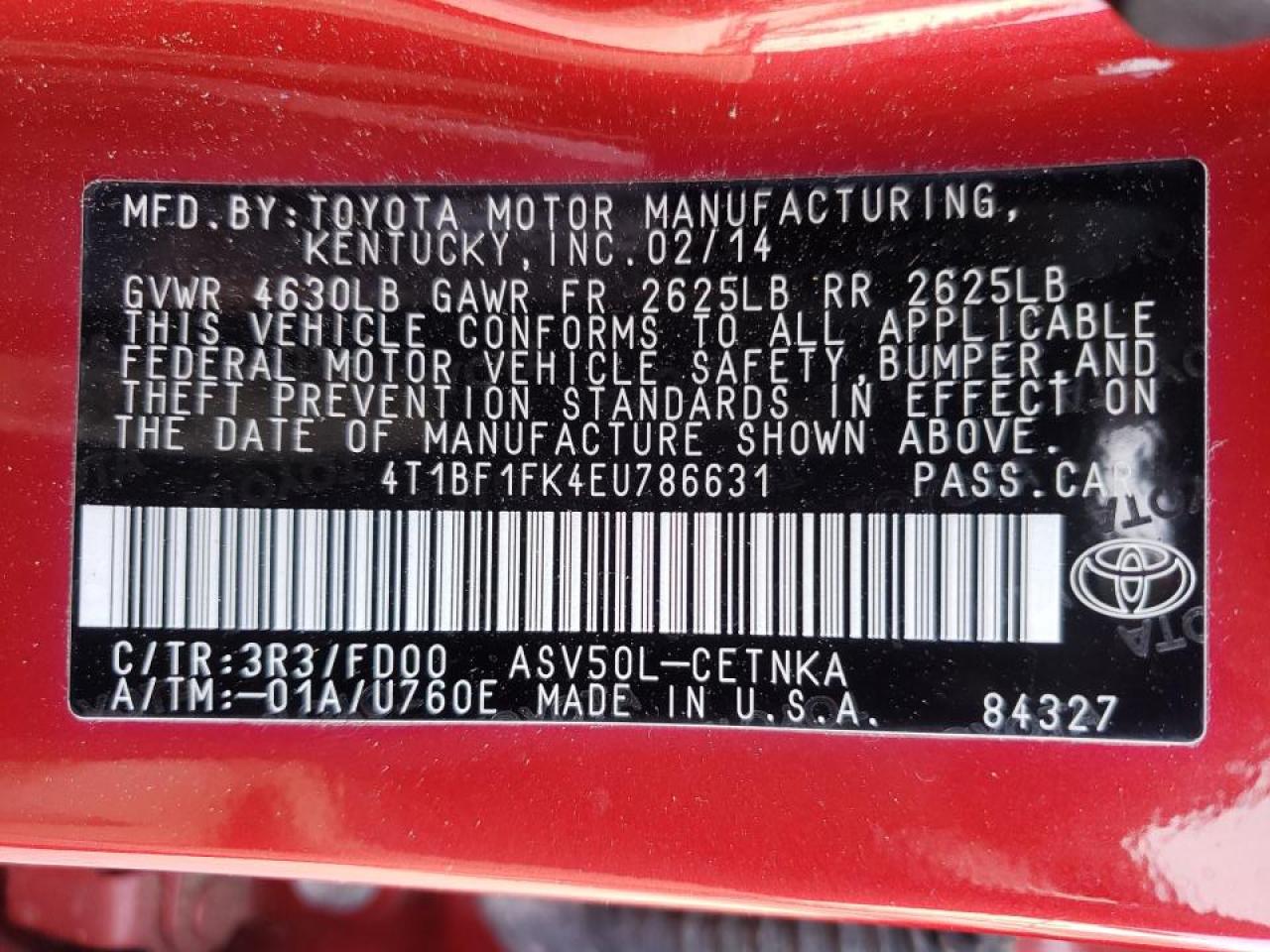 Photo 10 from auction – 2014 TOYOTA CAMRY with VIN 4T1BF1FK4EU786631