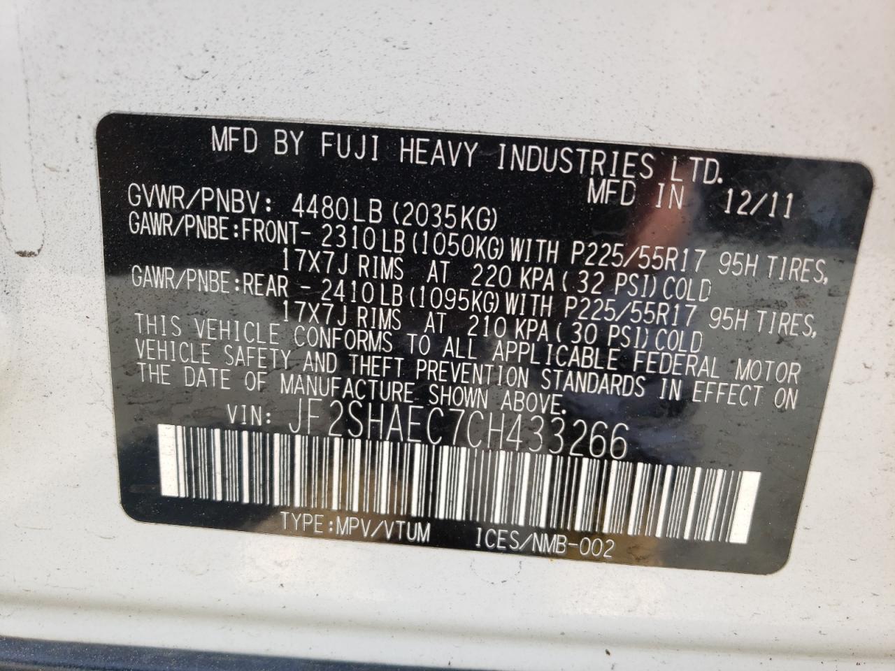 Photo 10 from auction – 2012 SUBARU FORESTER L with VIN JF2SHAEC7CH433266