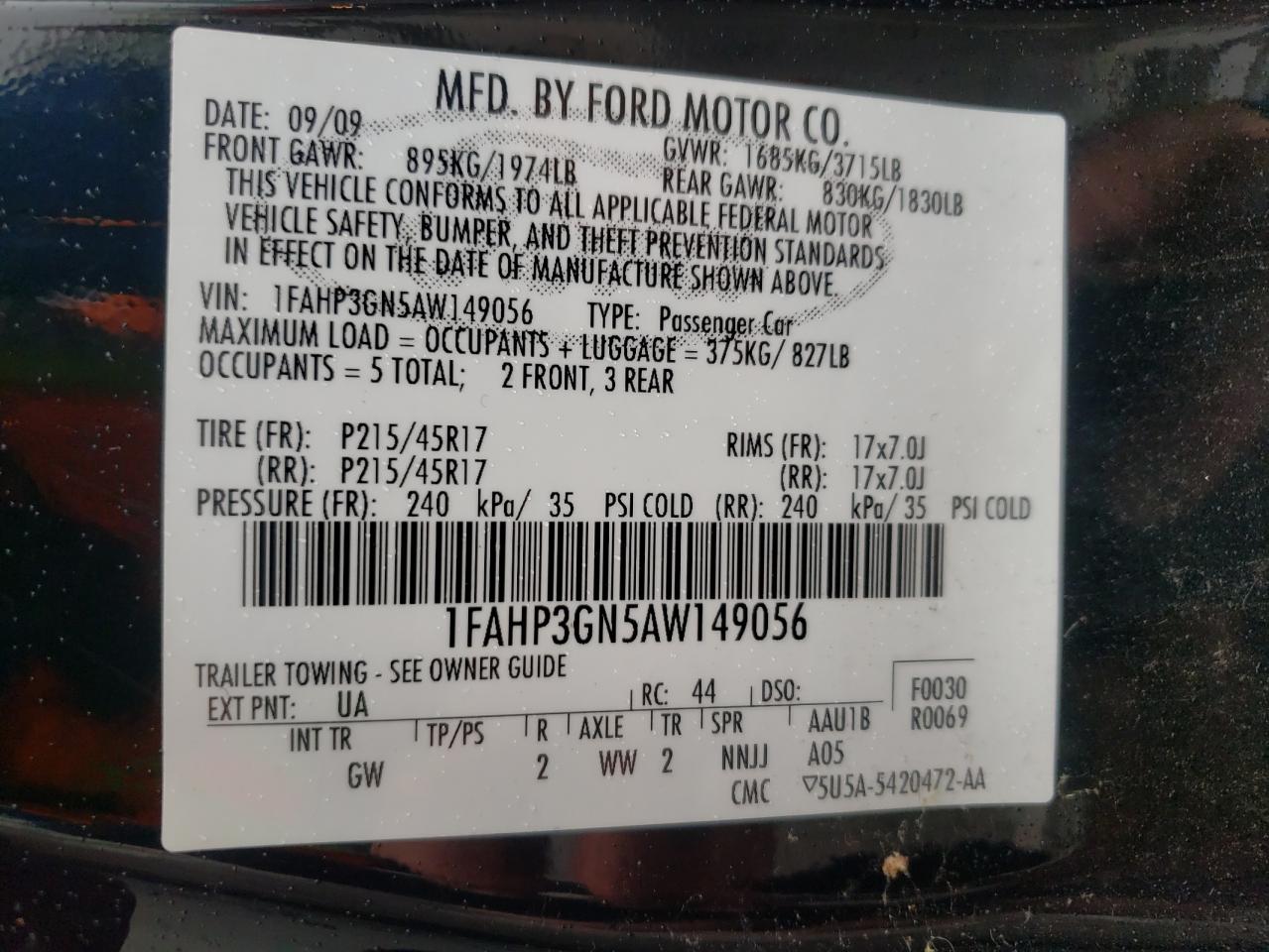 Photo 10 from auction – 2010 FORD FOCUS SES with VIN 1FAHP3GN5AW149056