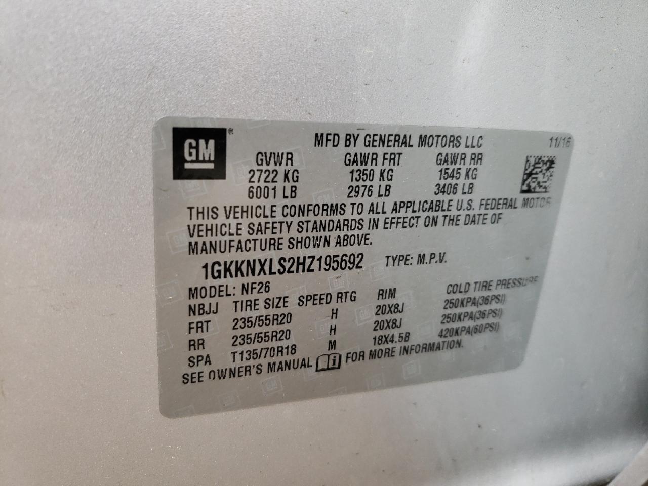 Photo 10 from auction – 2017 GMC ACADIA DEN with VIN 1GKKNXLS2HZ195692
