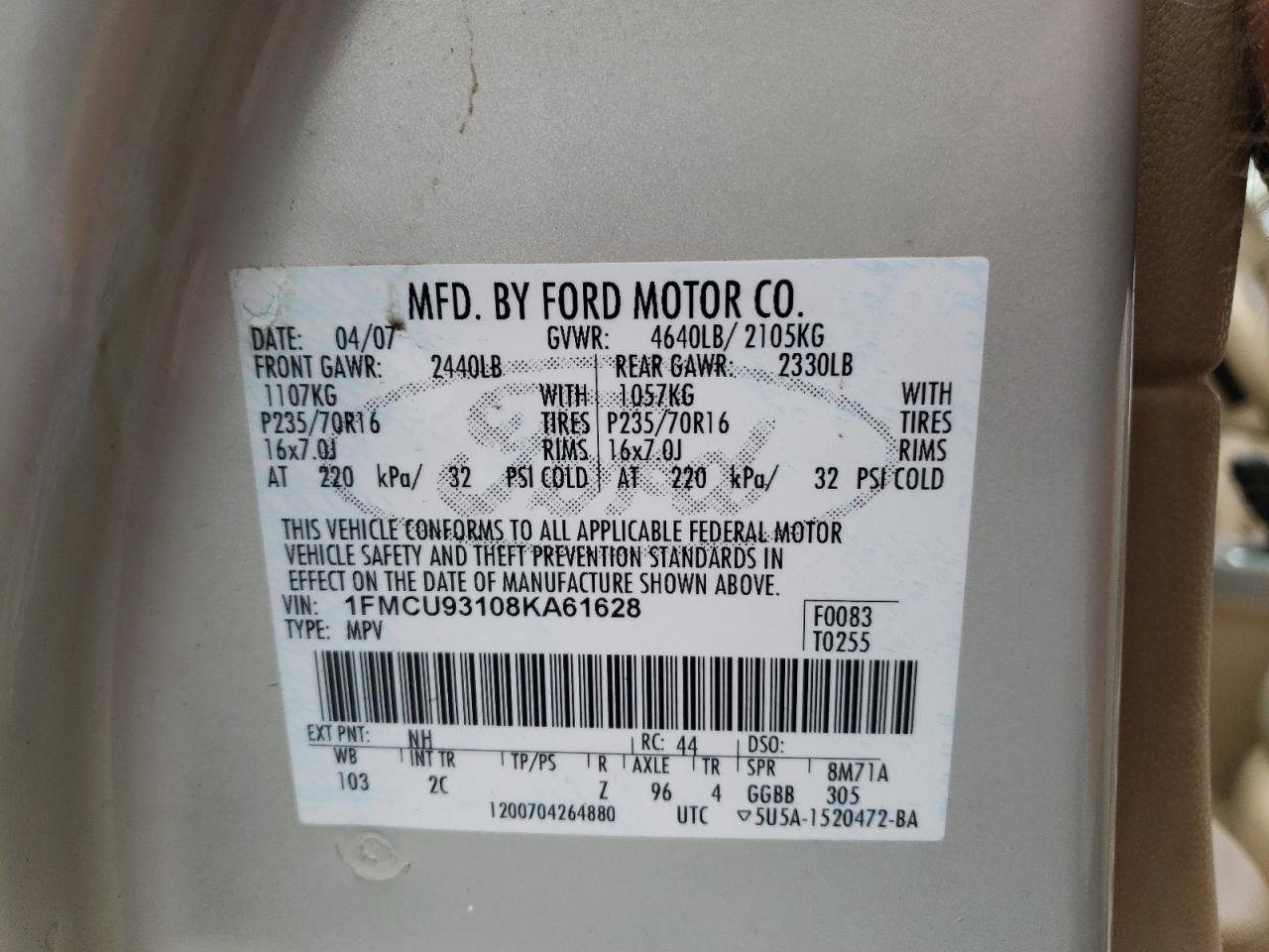 Photo 10 from auction – 2008 FORD ESCAPE XLT with VIN 1FMCU93108KA61628