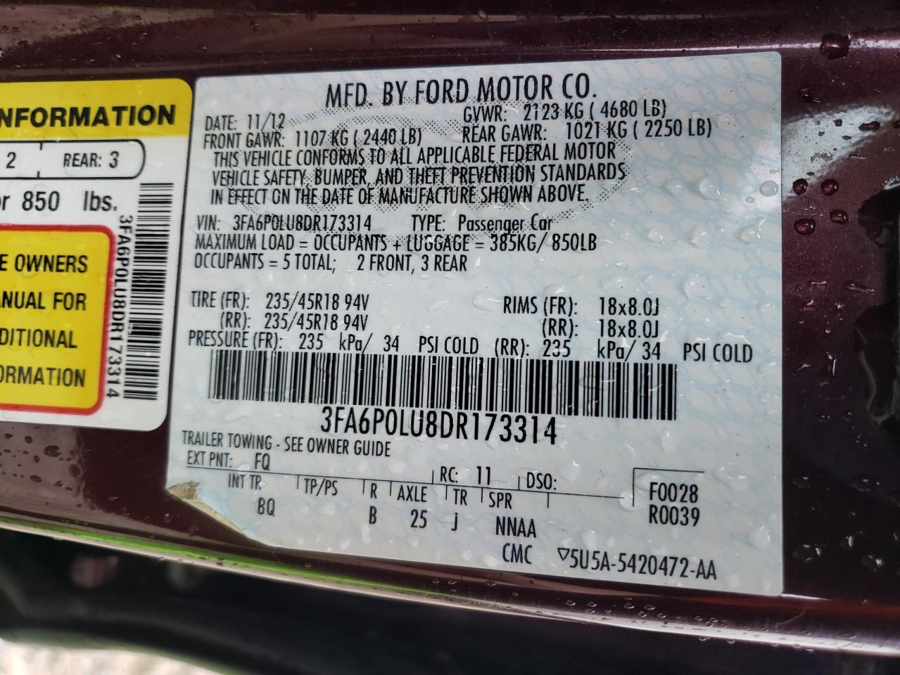 Photo 10 from auction – 2013 FORD FUSION SE with VIN 3FA6P0LU8DR173314