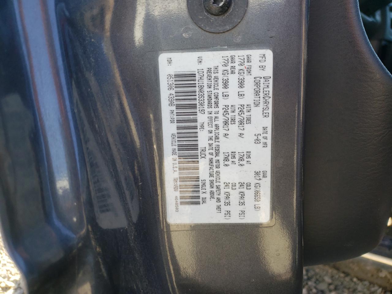 Photo 10 from auction – 2003 DODGE RAM 1500 with VIN 1D7HU18N03S330197