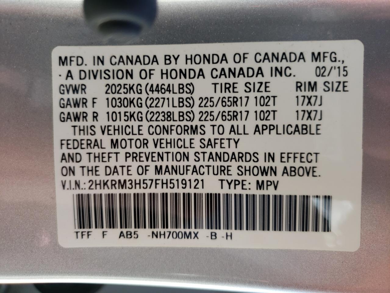Photo 10 from auction – 2015 HONDA CR-V EX with VIN 2HKRM3H57FH519121