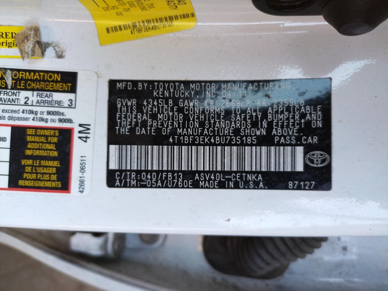 Photo 10 from auction – 2011 TOYOTA CAMRY BASE with VIN 4T1BF3EK4BU735185