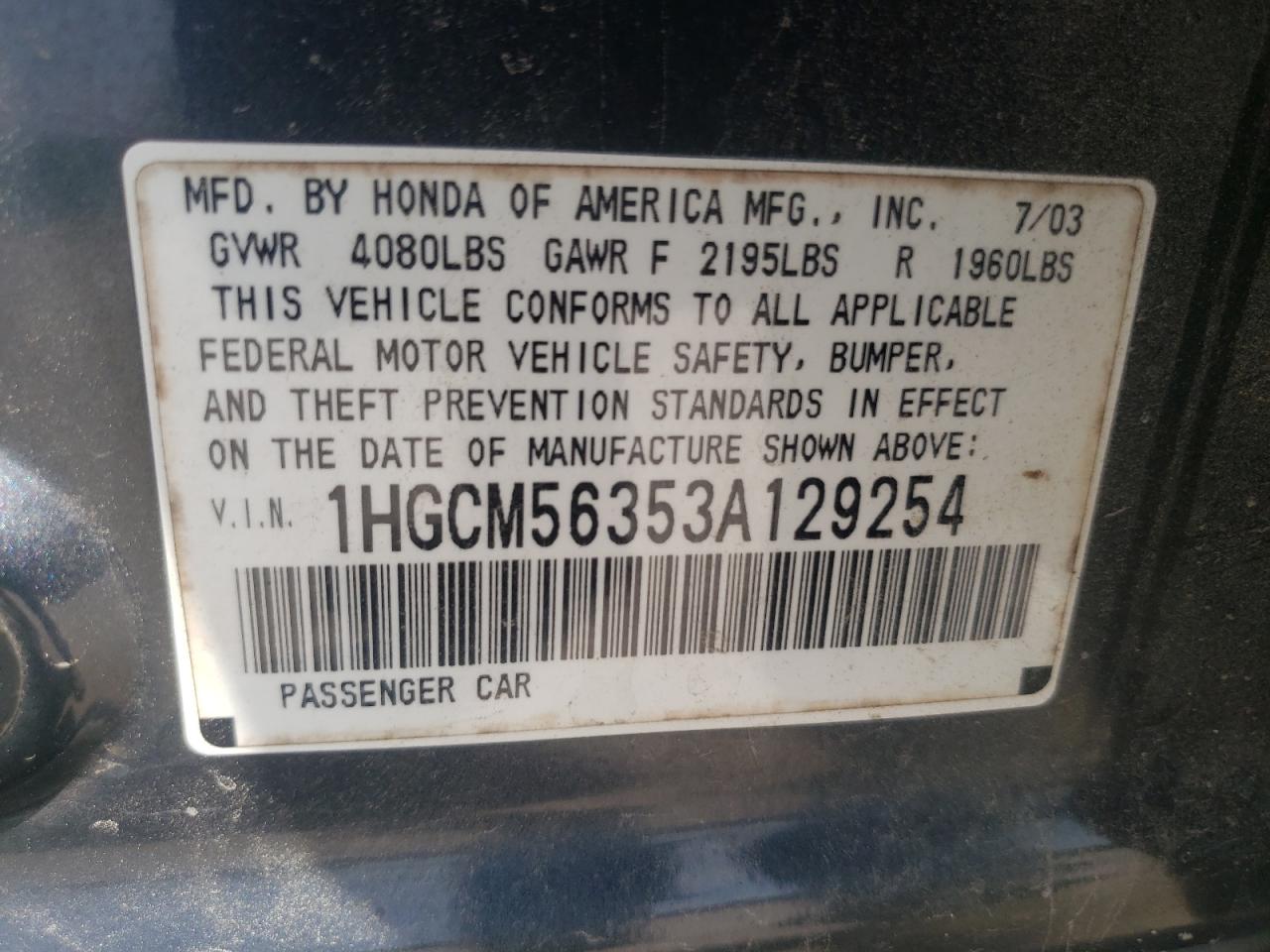 Photo 10 from auction – 2003 HONDA ACCORD LX with VIN 1HGCM56353A129254
