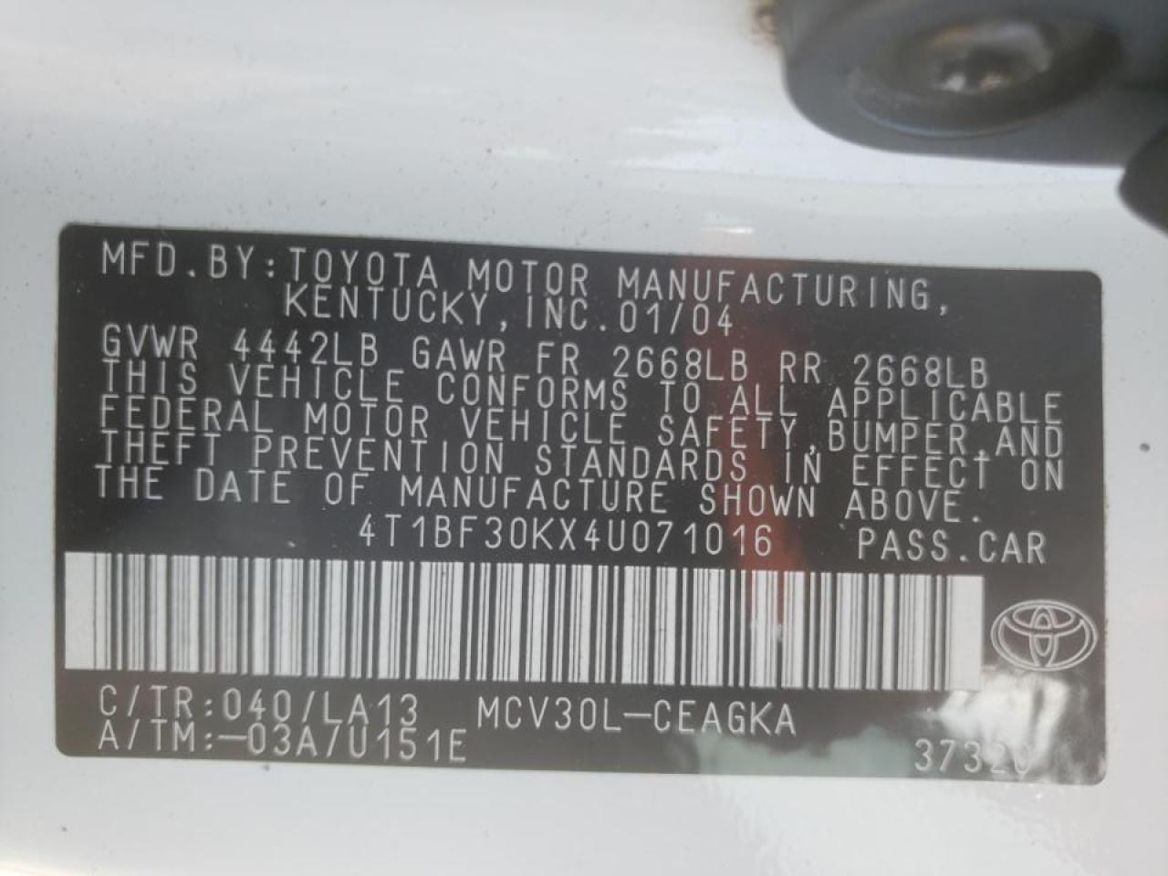 Photo 10 from auction – 2004 TOYOTA CAMRY LE with VIN 4T1BF30KX4U071016
