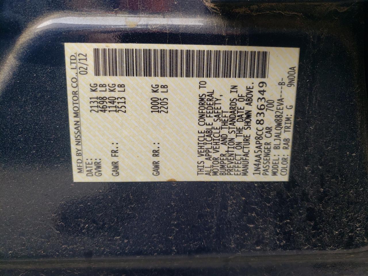 Photo 10 from auction – 2012 NISSAN ALTIMA 2.5 with VIN 1N4AA5AP8CC836349