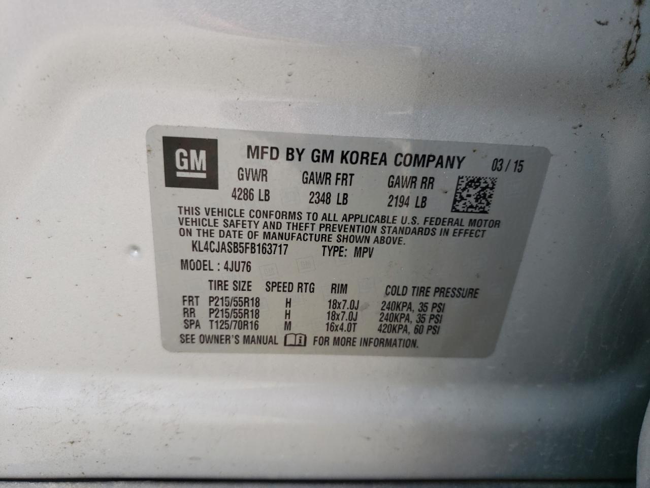 Photo 10 from auction – 2015 BUICK ENCORE with VIN KL4CJASB5FB163717