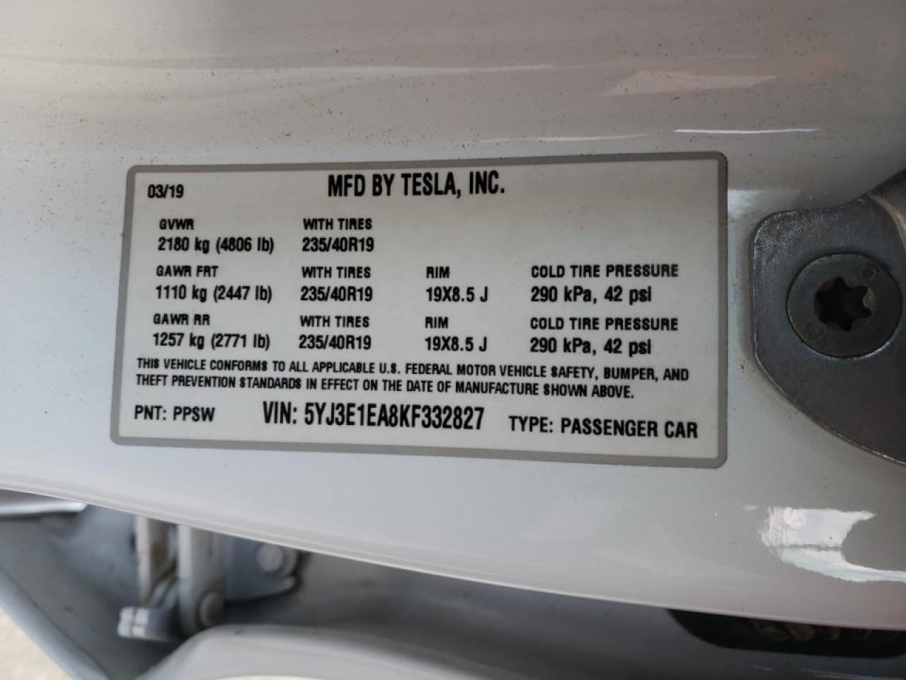 Photo 10 from auction – 2019 TESLA MODEL 3 with VIN 5YJ3E1EA8KF332827