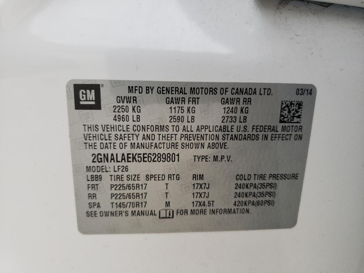 Photo 10 from auction – 2014 CHEVROLET EQUINOX LS with VIN 2GNALAEK5E6289801