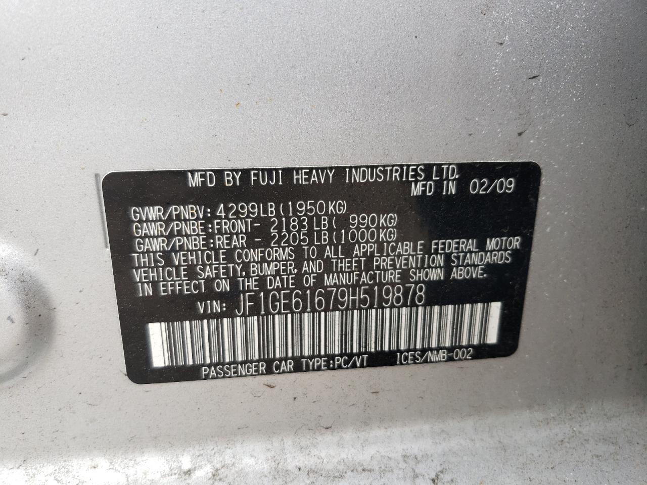 Photo 10 from auction – 2009 SUBARU IMPREZA 2. with VIN JF1GE61679H519878