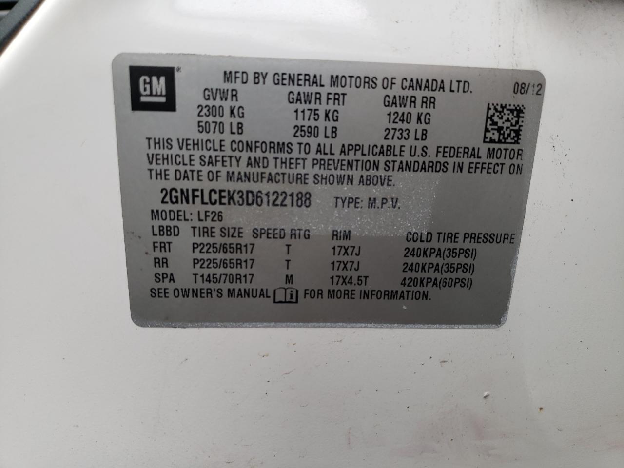 Photo 10 from auction – 2013 CHEVROLET EQUINOX LS with VIN 2GNFLCEK3D6122188