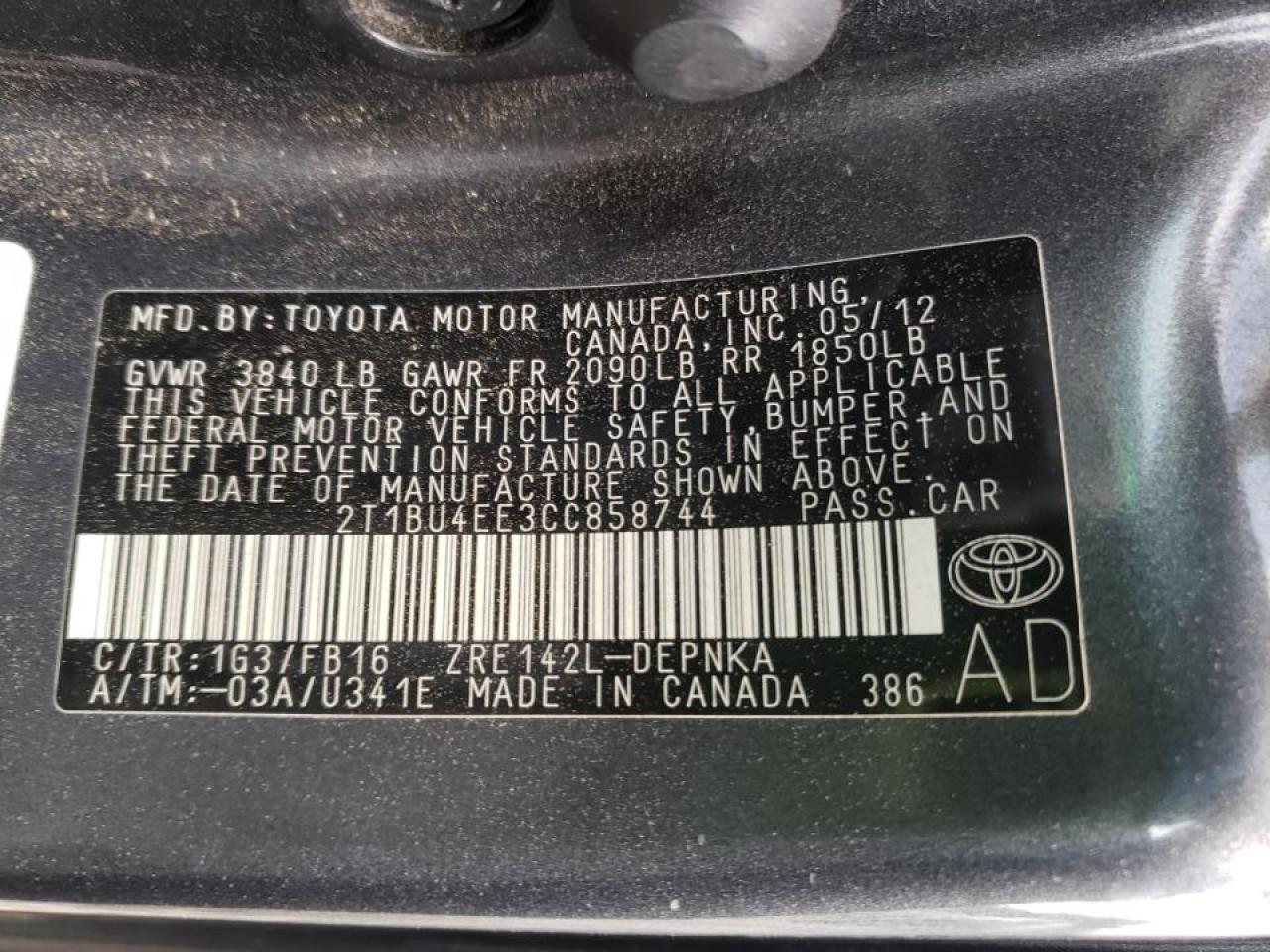 Photo 10 from auction – 2012 TOYOTA COROLLA BA with VIN 2T1BU4EE3CC858744