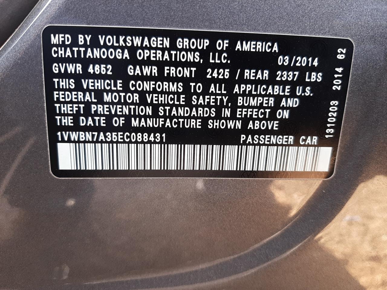 Photo 10 from auction – 2014 VOLKSWAGEN PASSAT SE with VIN 1VWBN7A35EC088431