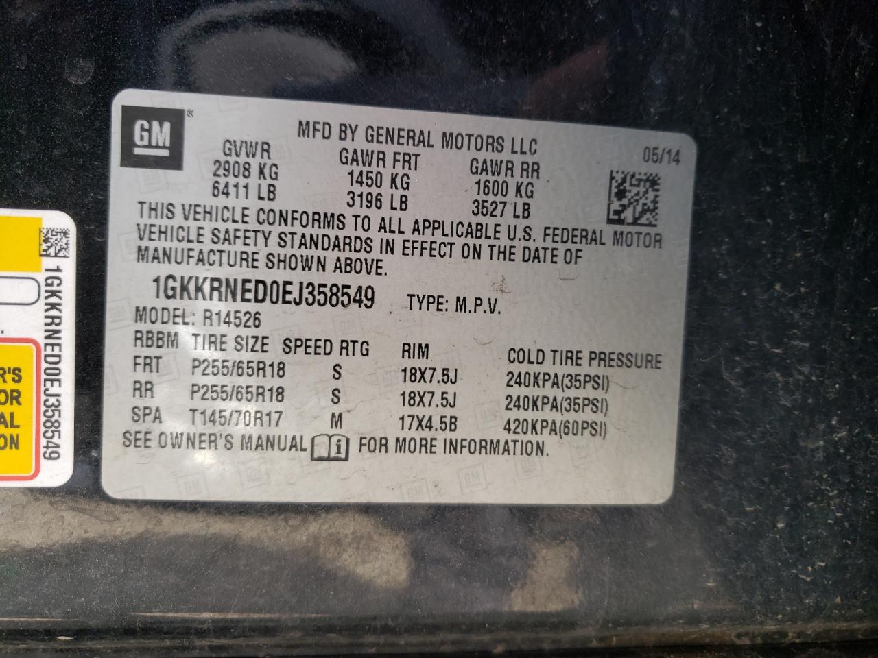 Photo 10 from auction – 2014 GMC ACADIA SLE with VIN 1GKKRNED0EJ358549