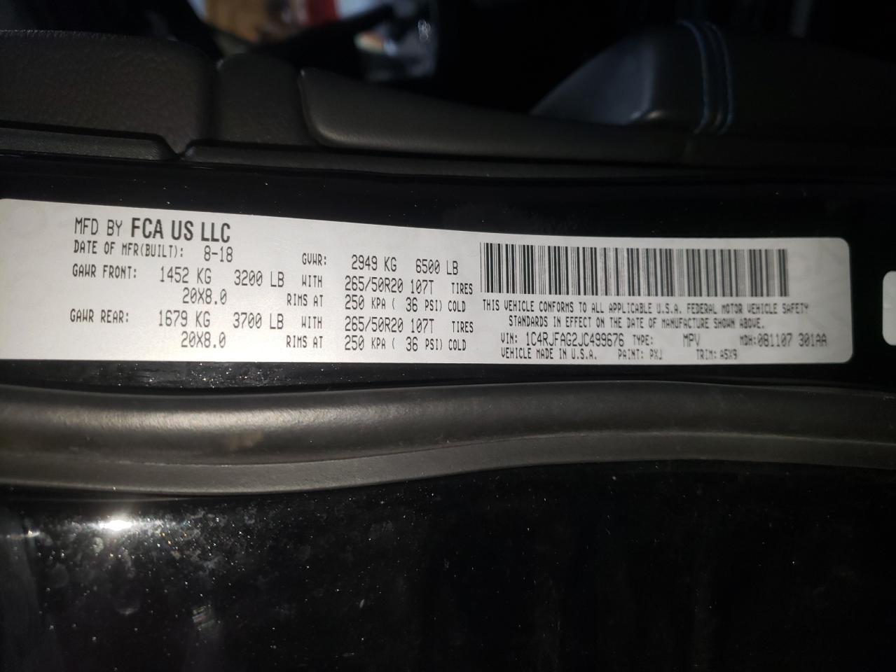Photo 10 from auction – 2018 JEEP GRAND CHER with VIN 1C4RJFAG2JC499676