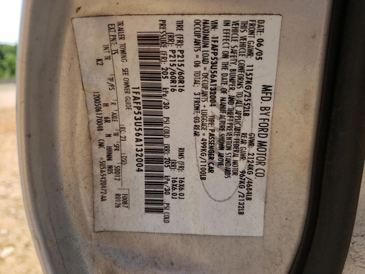 Photo 10 from auction – 2006 FORD TAURUS SE with VIN 1FAFP53U56A132004