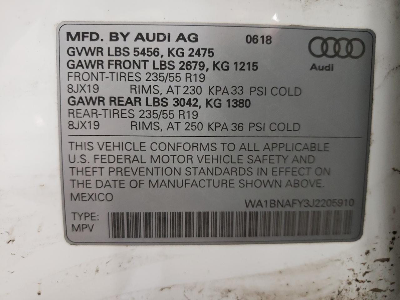 Photo 18 from auction – 2018 AUDI Q5 PREMIUM with VIN WA1BNAFY3J2205910