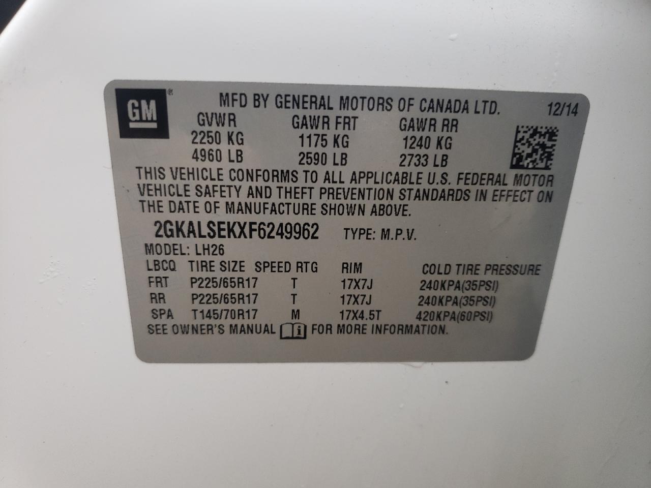 Photo 10 from auction – 2015 GMC TERRAIN SL with VIN 2GKALSEKXF6249962