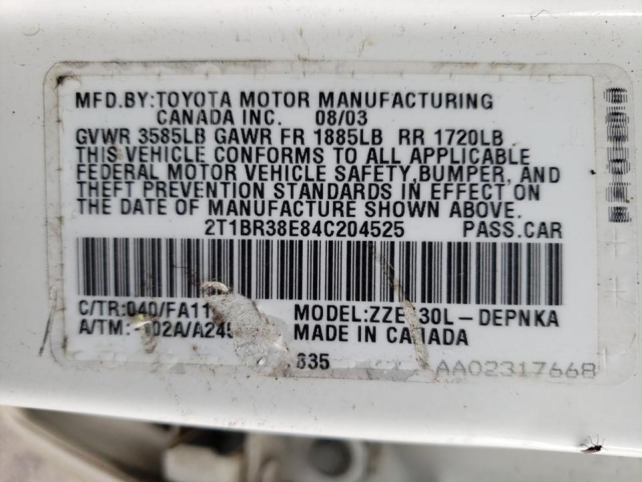 Photo 10 from auction – 2004 TOYOTA COROLLA CE with VIN 2T1BR38E84C204525