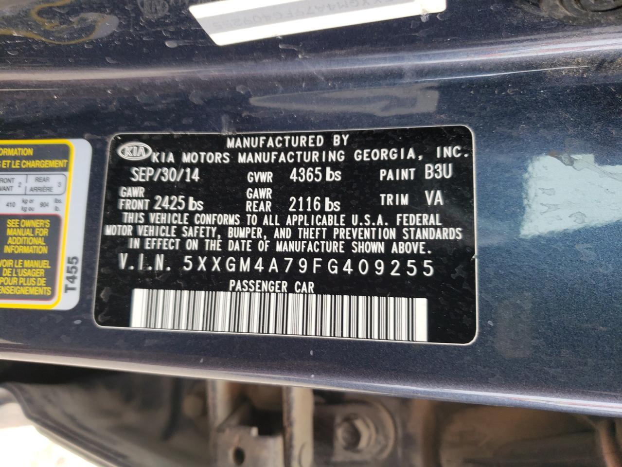 Photo 10 from auction – 2015 KIA OPTIMA LX with VIN 5XXGM4A79FG409255