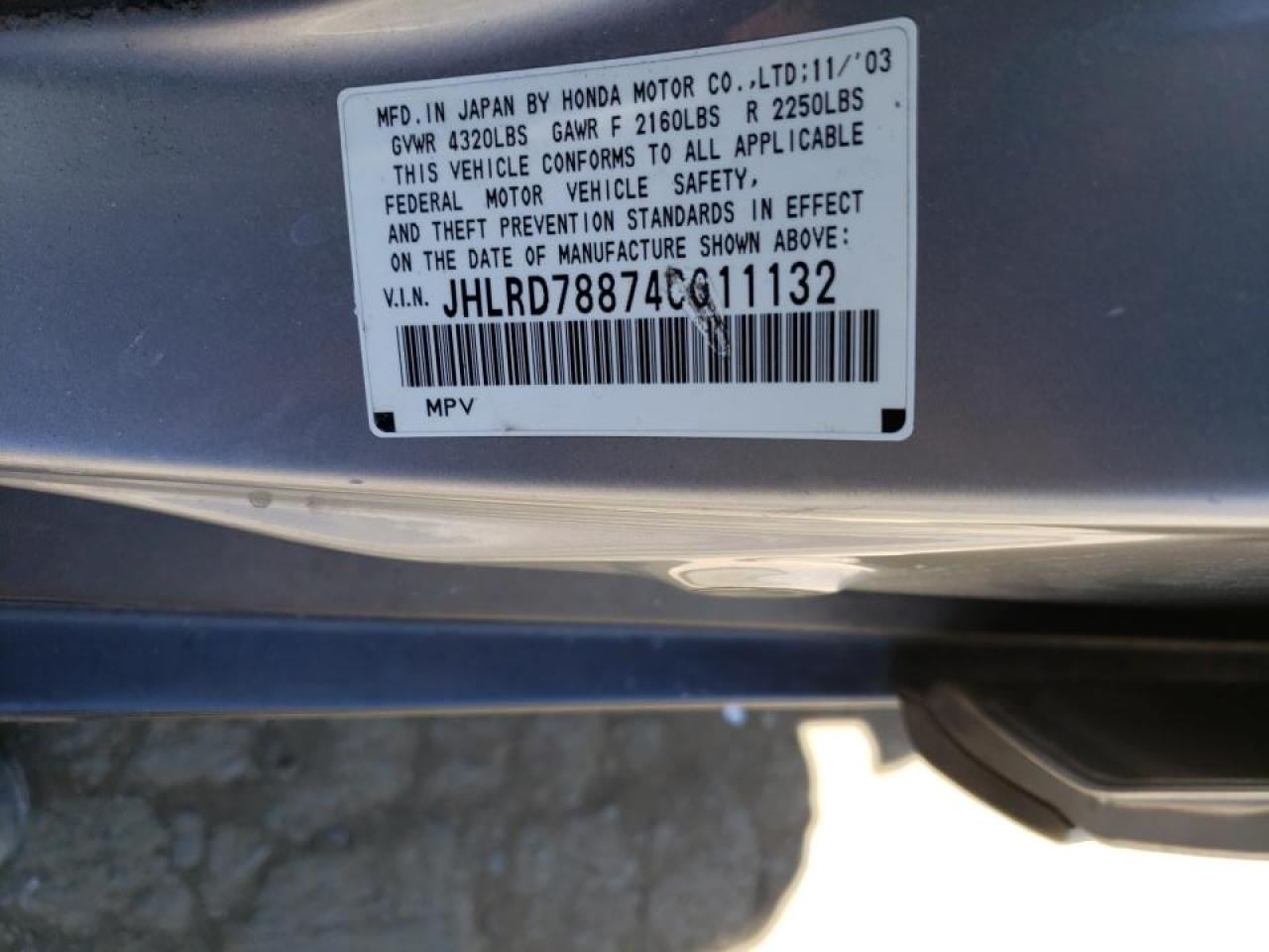 Photo 10 from auction – 2004 HONDA CR-V EX with VIN JHLRD78874C011132