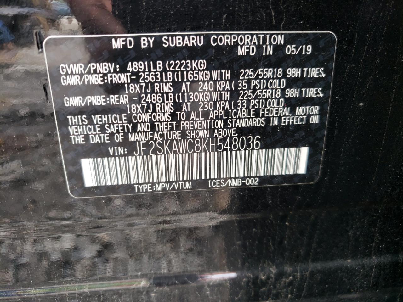 Photo 10 from auction – 2019 SUBARU FORESTER T with VIN JF2SKAWC8KH548036