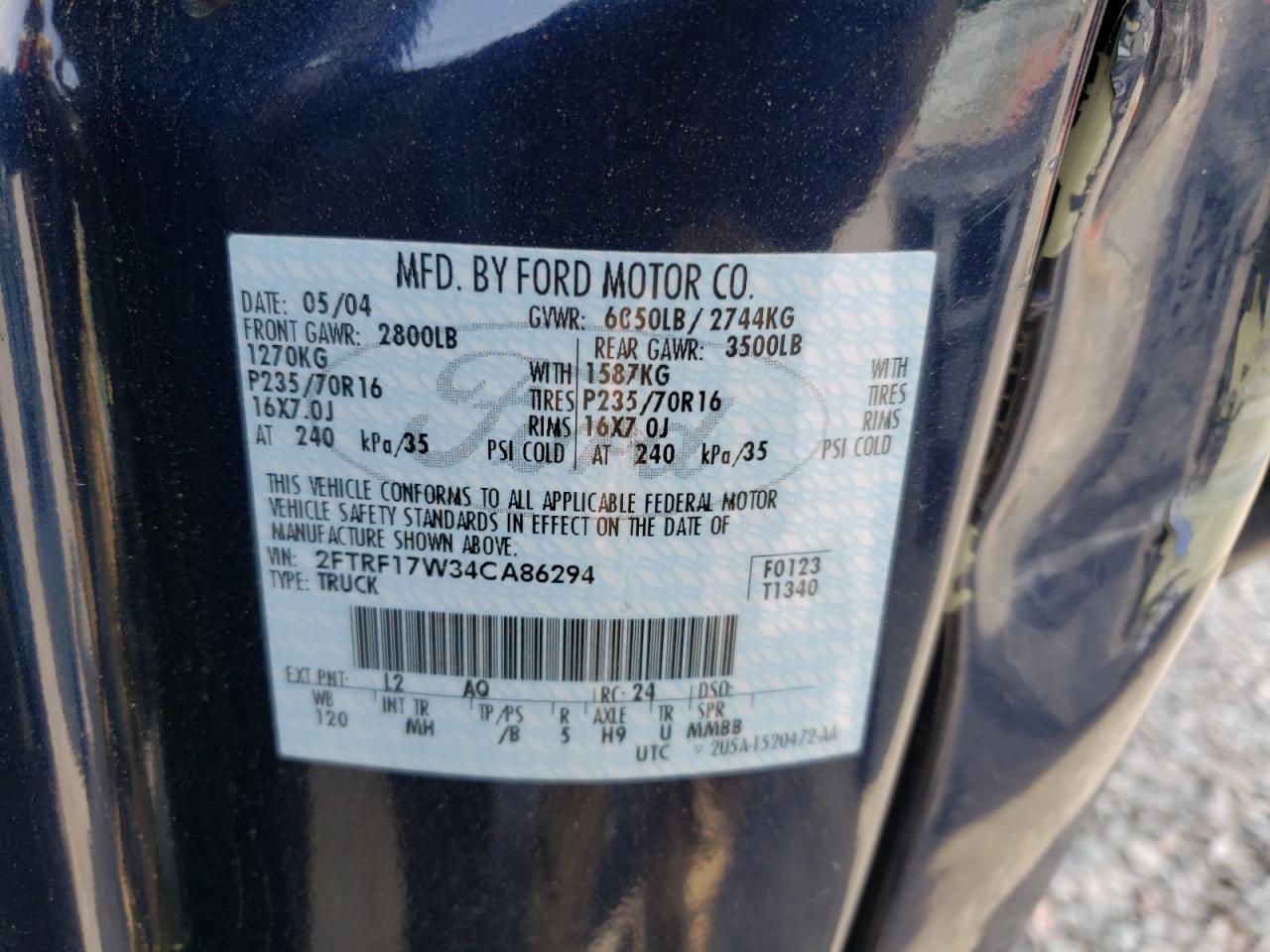 Photo 10 from auction – 2004 FORD F-150 HERI with VIN 2FTRF17W34CA86294