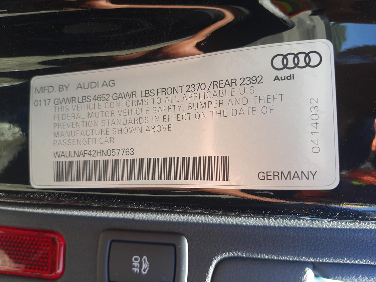 Photo 10 from auction – 2017 AUDI A4 PREMIUM with VIN WAULNAF42HN057763