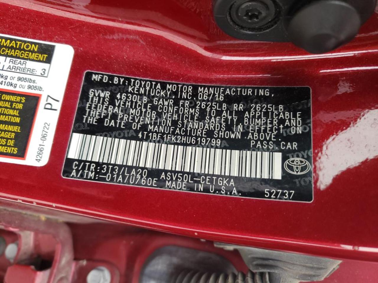 Photo 10 from auction – 2017 TOYOTA CAMRY LE with VIN 4T1BF1FK2HU619799