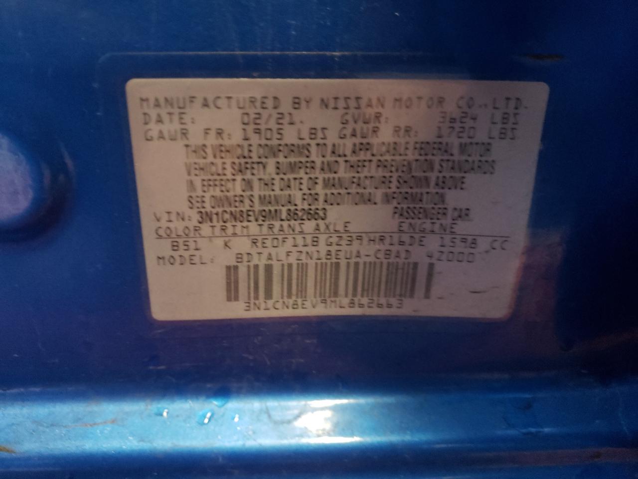 Photo 10 from auction – 2021 NISSAN VERSA SV with VIN 3N1CN8EV9ML862663