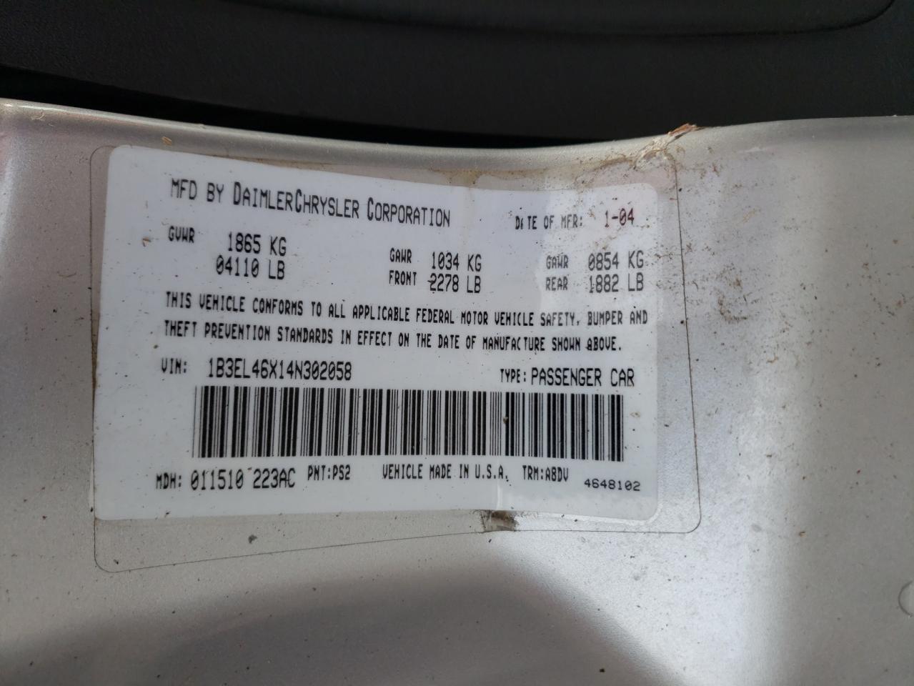 Photo 10 from auction – 2004 DODGE STRATUS SX with VIN 1B3EL46X14N302058