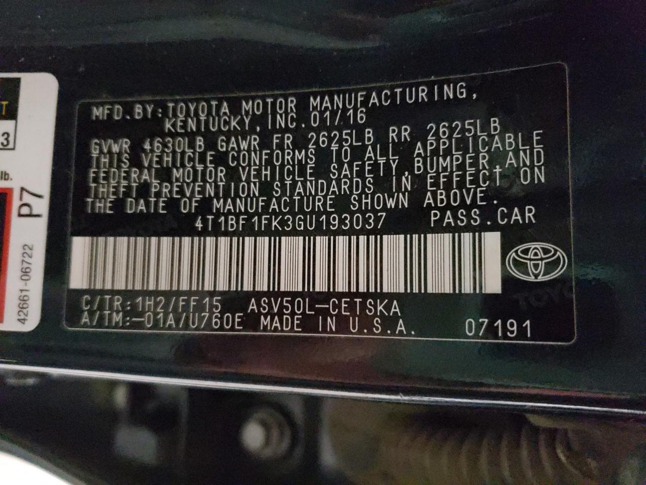 Photo 10 from auction – 2016 TOYOTA CAMRY LE with VIN 4T1BF1FK3GU193037