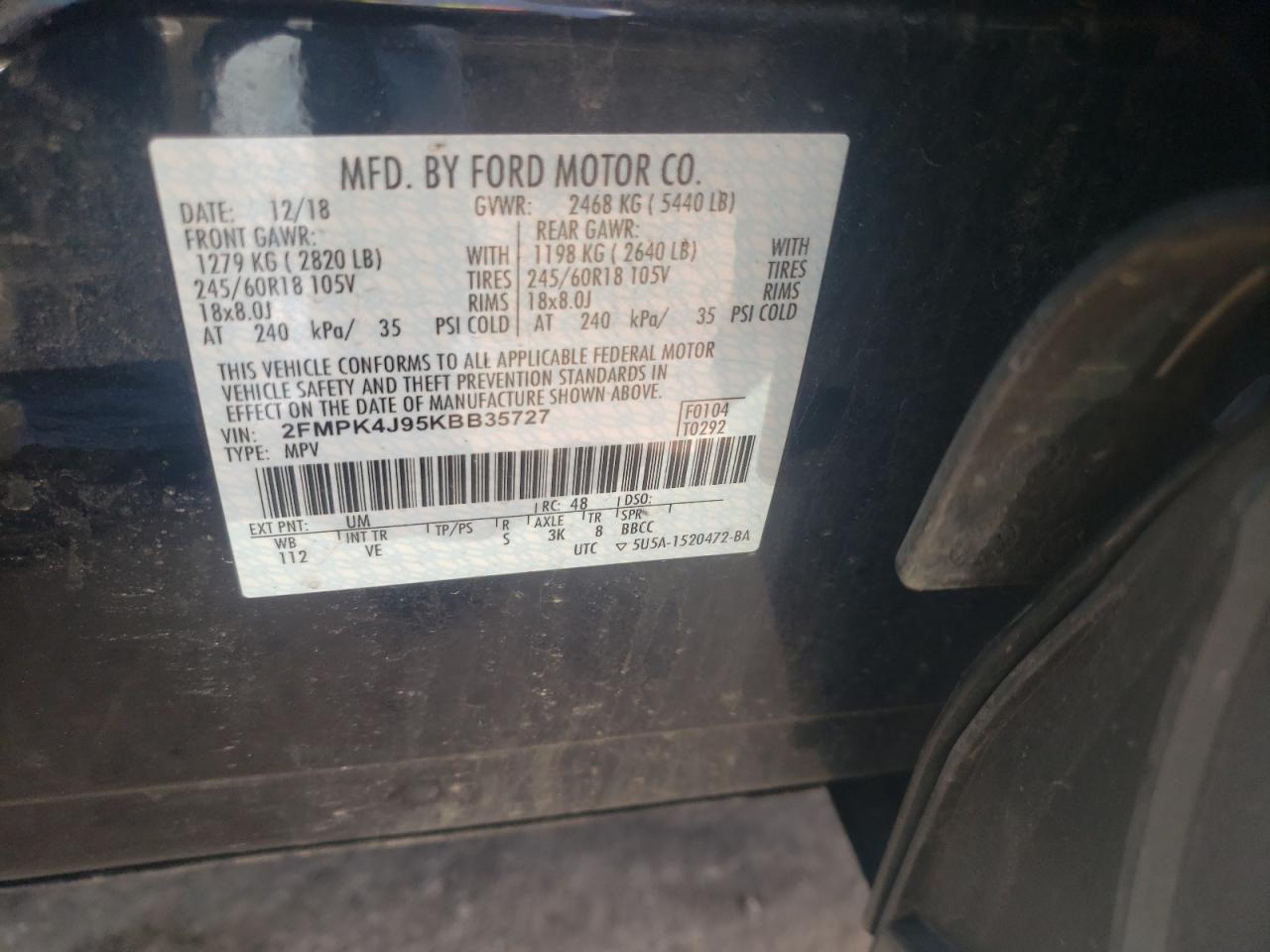 Photo 10 from auction – 2019 FORD EDGE SEL with VIN 2FMPK4J95KBB35727