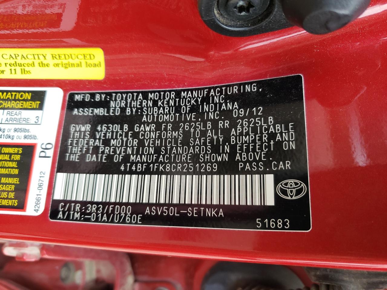 Photo 10 from auction – 2012 TOYOTA CAMRY BASE with VIN 4T4BF1FK8CR251269