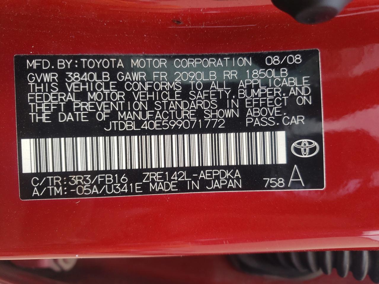 Photo 10 from auction – 2009 TOYOTA COROLLA BA with VIN JTDBL40E599071772