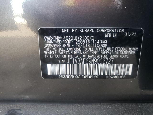 Photo 10 from auction – 2022 SUBARU WRX with VIN JF1VBAF69N9002727