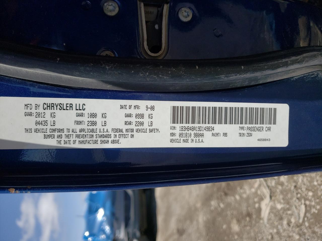 Photo 11 from auction – 2009 DODGE CALIBER SX with VIN 1B3HB48A19D149834
