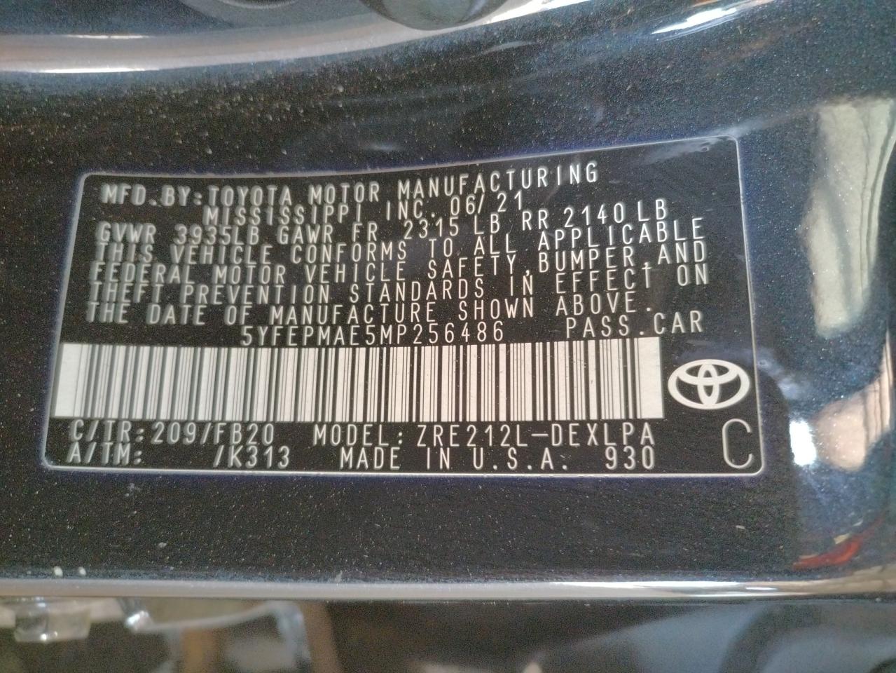 Photo 10 from auction – 2021 TOYOTA COROLLA LE with VIN 5YFEPMAE5MP256486