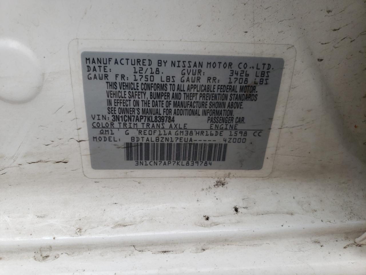 Photo 10 from auction – 2019 NISSAN VERSA S with VIN 3N1CN7AP7KL839784