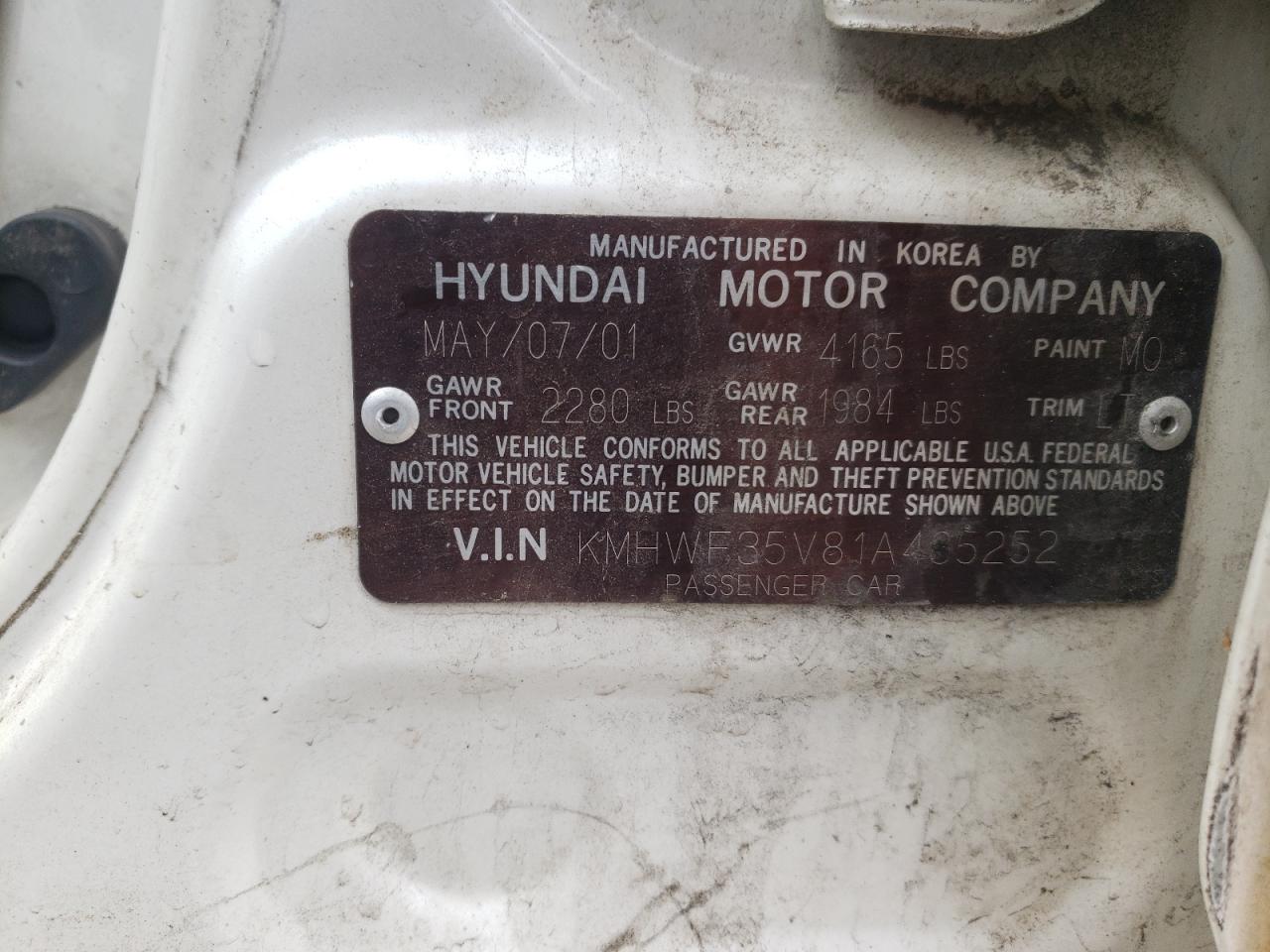 Photo 10 from auction – 2001 HYUNDAI SONATA GLS with VIN KMHWF35V81A485252