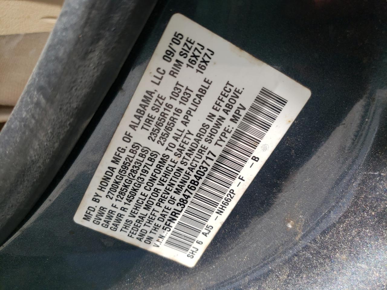 Photo 10 from auction – 2006 HONDA ODYSSEY EX with VIN 5FNRL38476B403717