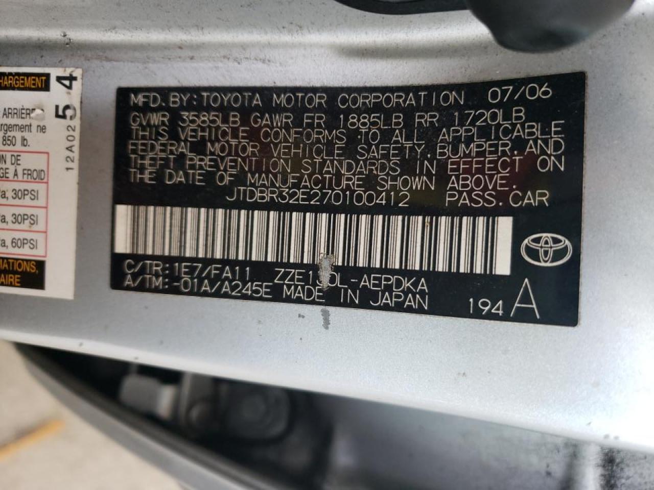 Photo 10 from auction – 2007 TOYOTA COROLLA CE with VIN JTDBR32E270100412