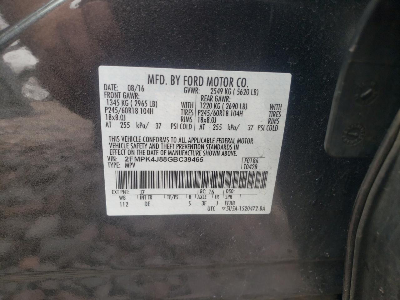 Photo 10 from auction – 2016 FORD EDGE SEL with VIN 2FMPK4J88GBC39465