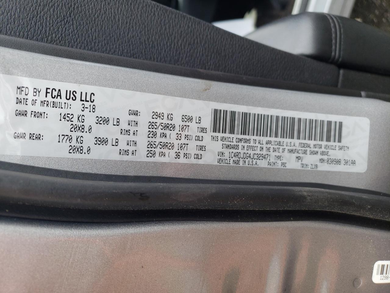 Photo 10 from auction – 2018 DODGE DURANGO GT with VIN 1C4RDJDG4JC329471
