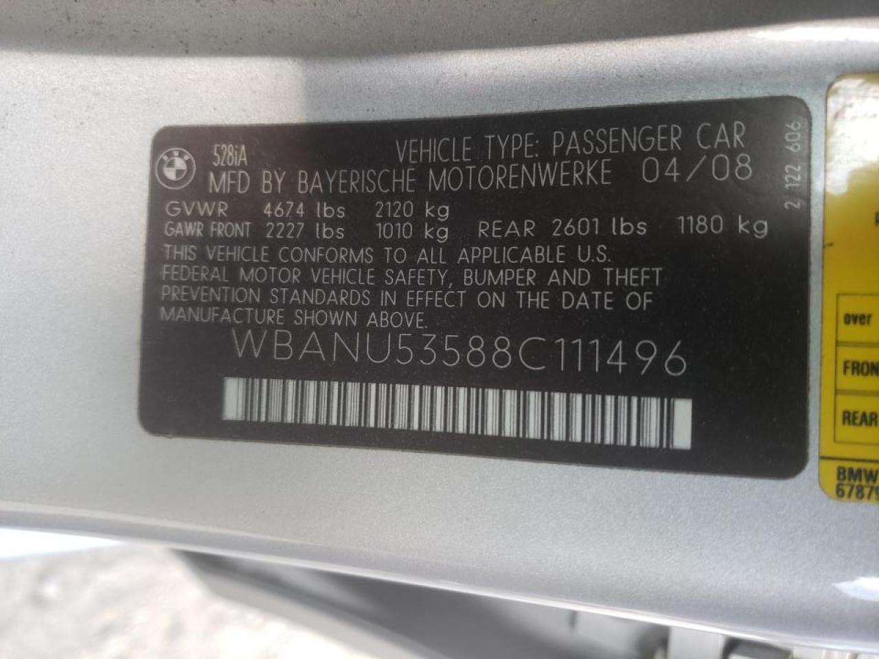 Photo 10 from auction – 2008 BMW 528 I with VIN WBANU53588C111496