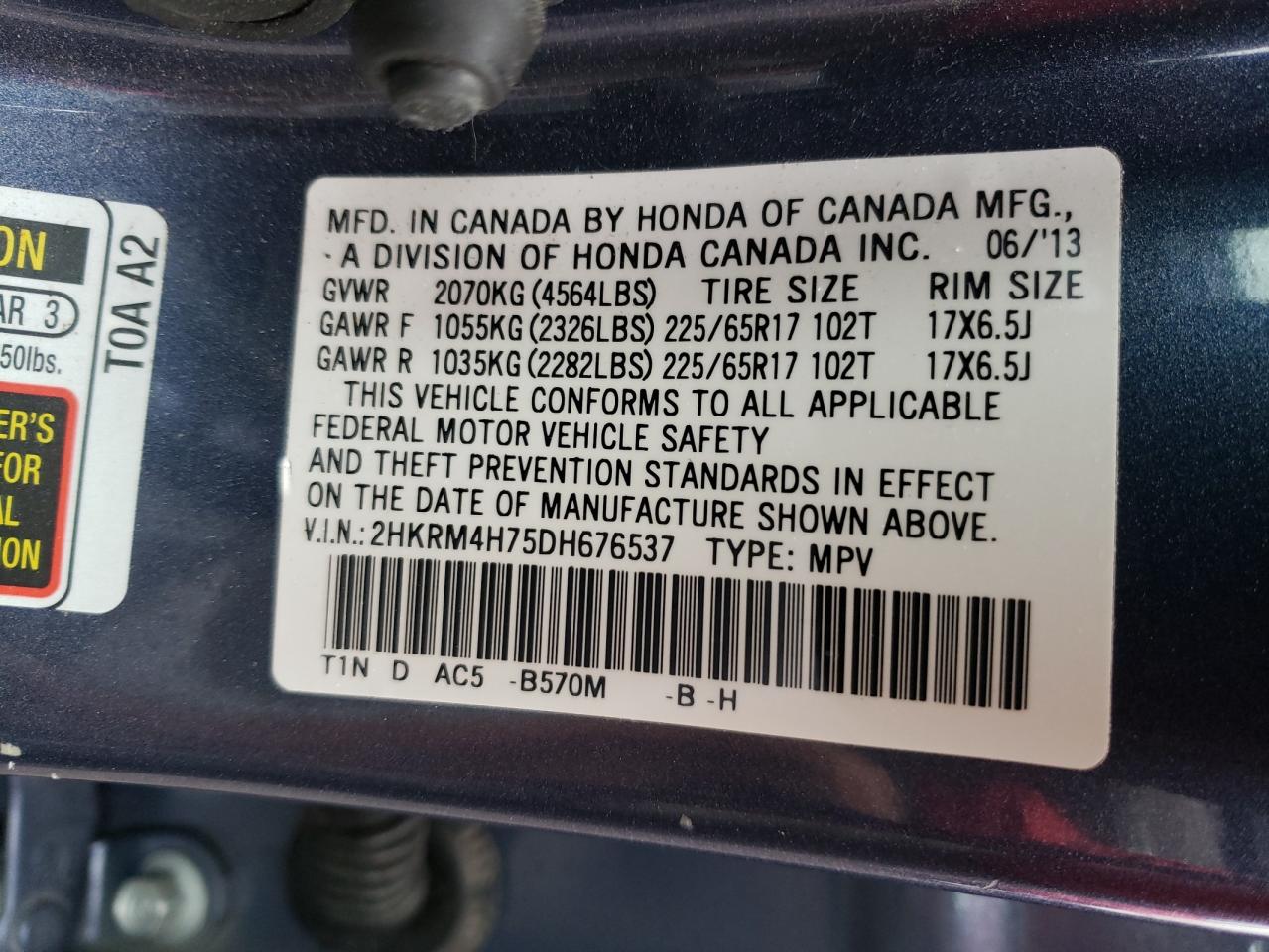 Photo 10 from auction – 2013 HONDA CR-V EXL with VIN 2HKRM4H75DH676537