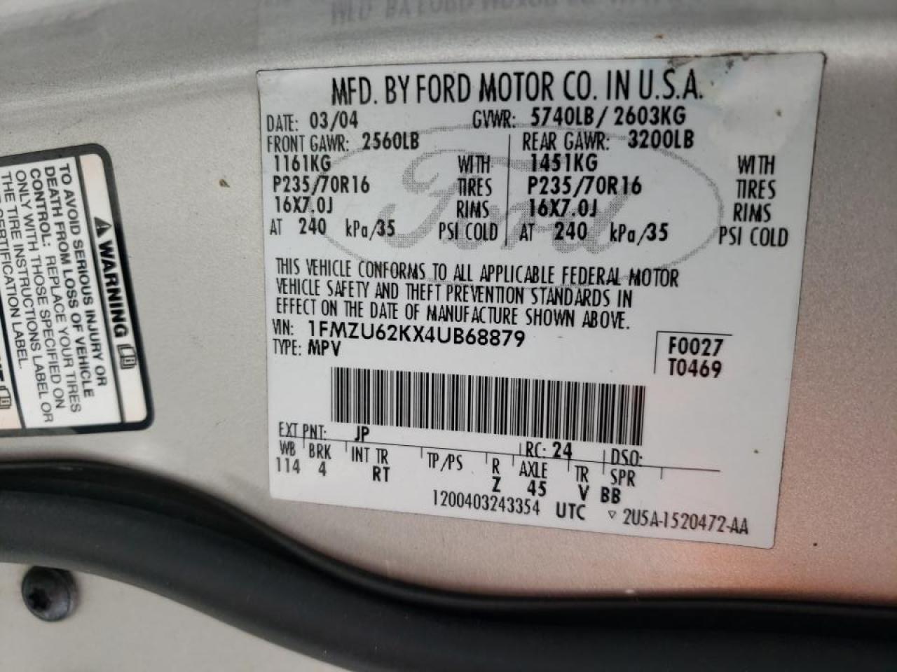 Foto 10 de la subasta – 2004 FORD EXPLORER X con VIN 1FMZU62KX4UB68879